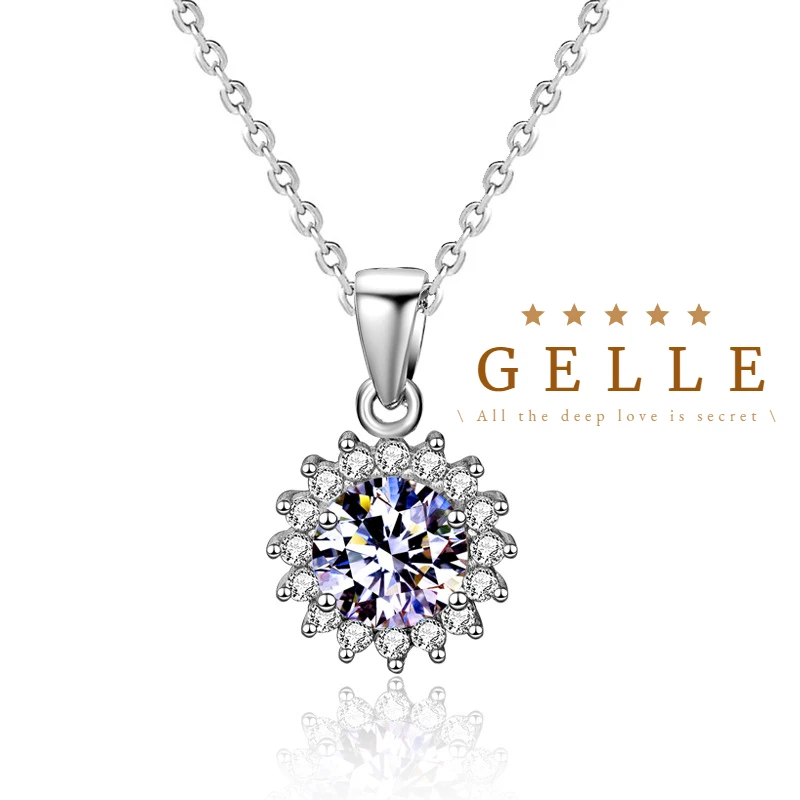 

GELLE 1.0CT D Color Moissanite 925 Necklace Sterling Silver Sunflower Ladies Flower Pendant Clavicle Neck Chain Gift Jewellery