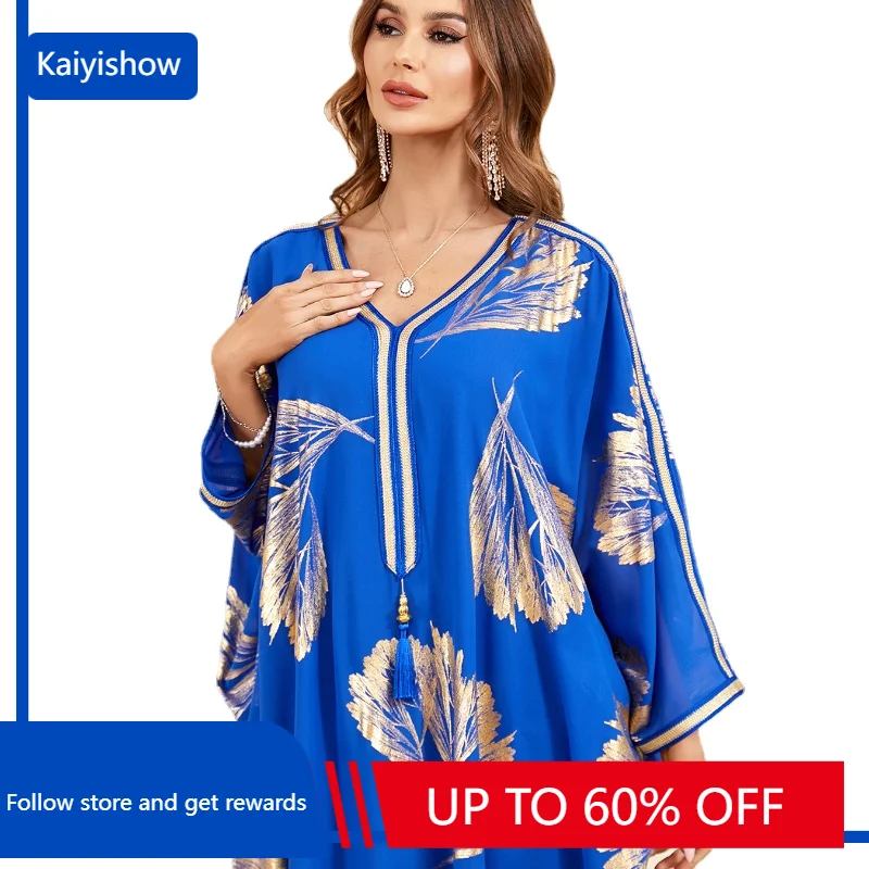 

2023 Summer Autumn Muslim Women Long Sleeve V-neck Blue Polyester Plus Size Long Dress Maxi Dress Muslim Fashion Abaya
