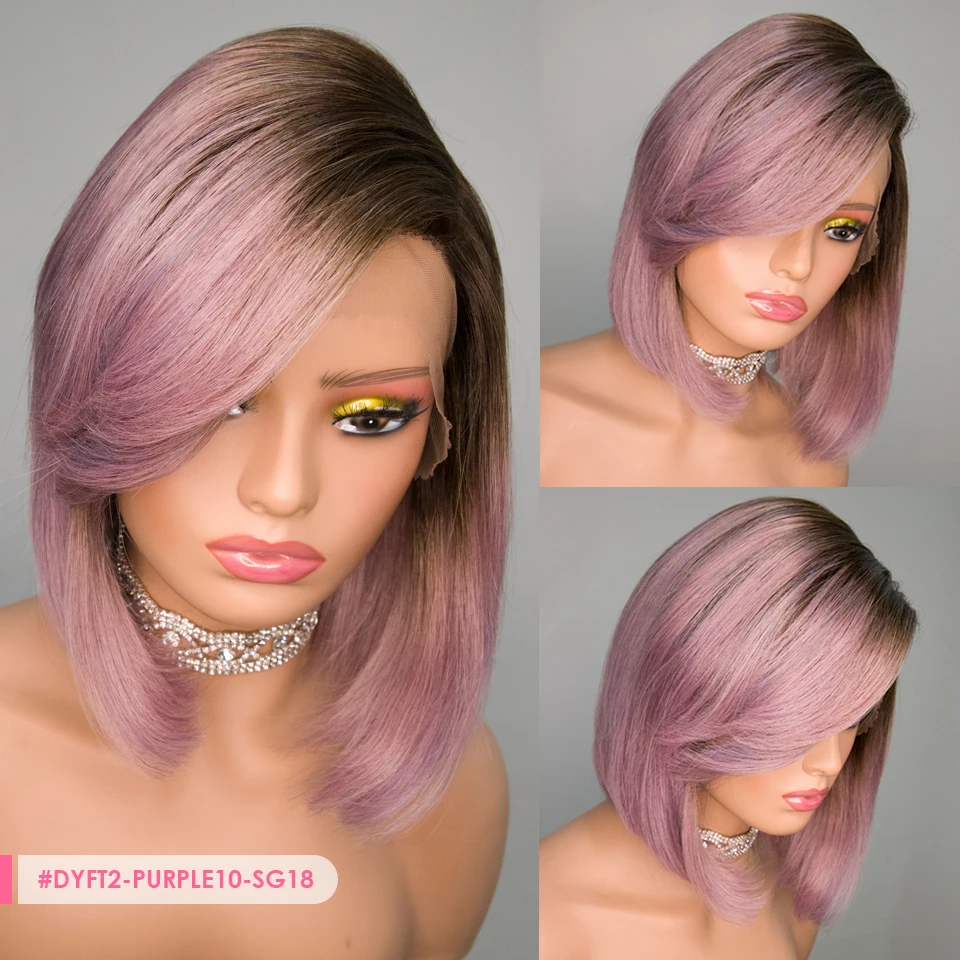 Purple Straight Bob Wig Brazilian Lace Part Human Hair Wigs For Women HD Highlight Wig Glueless Lace Front Wig With Bangs  DEBUT
