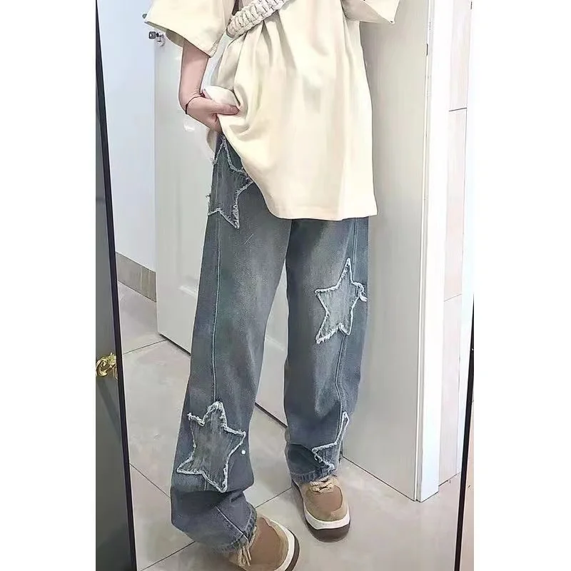 Y2K Emo Women Streetwear Oversized Star Pattern Straight Trousers Baggy Jeans Fairy Grunge Hip Hop Denim Pants Korean Clothes