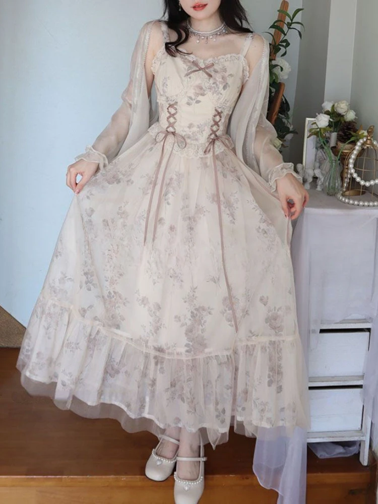 Винтажное элегантное Цветочное платье женское милое Сетчатое на бретелях с