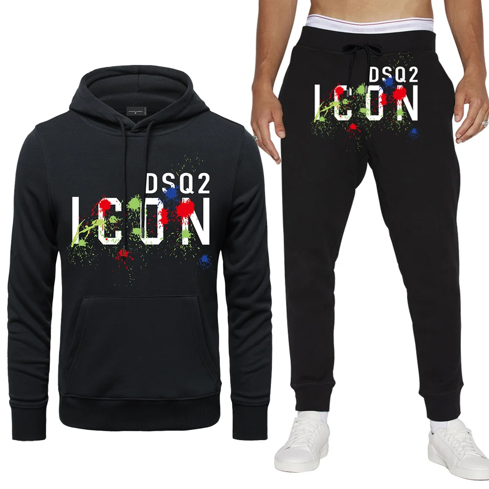 

2023 Mens ICON Spring Autumn Tracksuit Sets DSQ2 Mens Casual Print Cotton 2 Piece Hoodies+Pants Sets Street Sport Jogger Sets