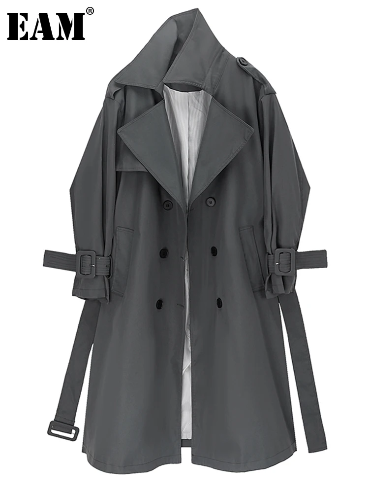 

[EAM] Women Gray Belted Big Size Long Trench New Lapel Long Sleeve Loose Fit Windbreaker Fashion Tide Spring Autumn 2022 1DE6472