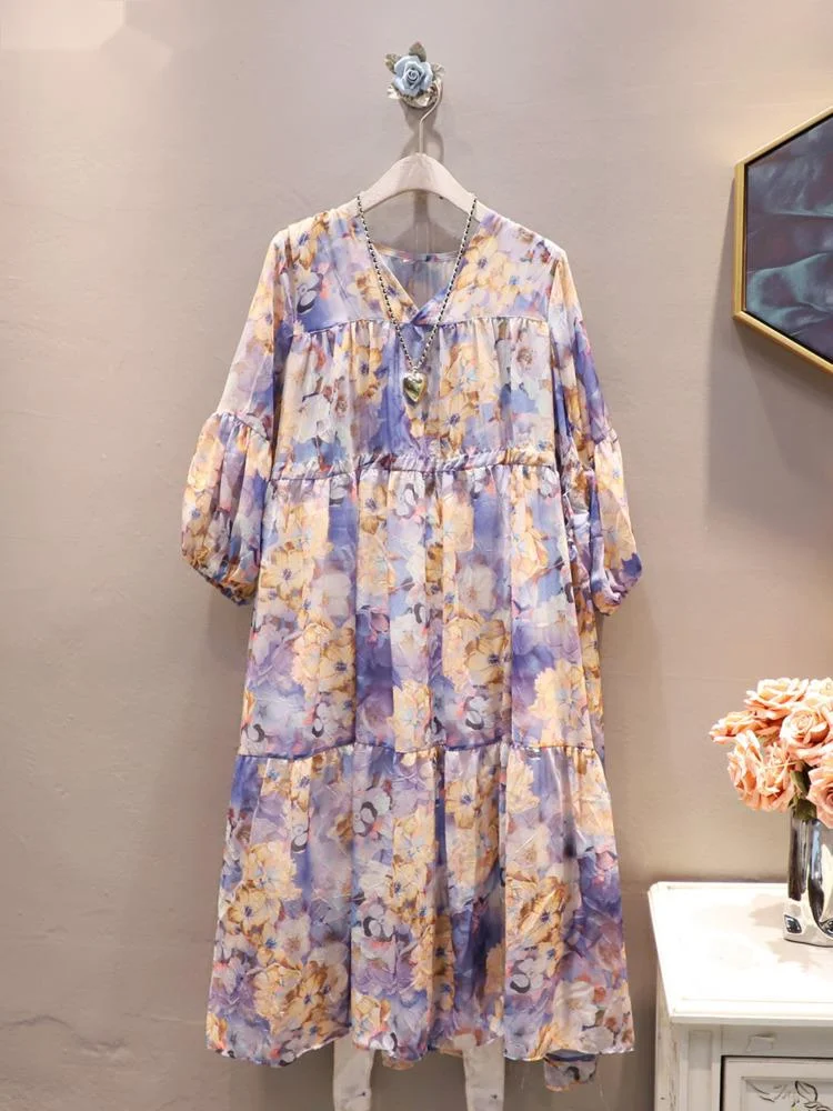 Vintage Long Sleeve Print Dress 2023 Autumn New Tide Lantern Sleeve Women V-neck Contrast Color Party Dresses Vestido  Y854