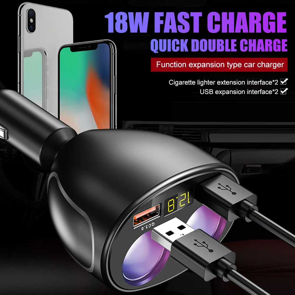 

Car Charger 4 In 1 with Dual USB Output 3.1A Fast Charging Dual Cigarette Lighter Voltmeter Car Charger Adapter for iPhone XR XS