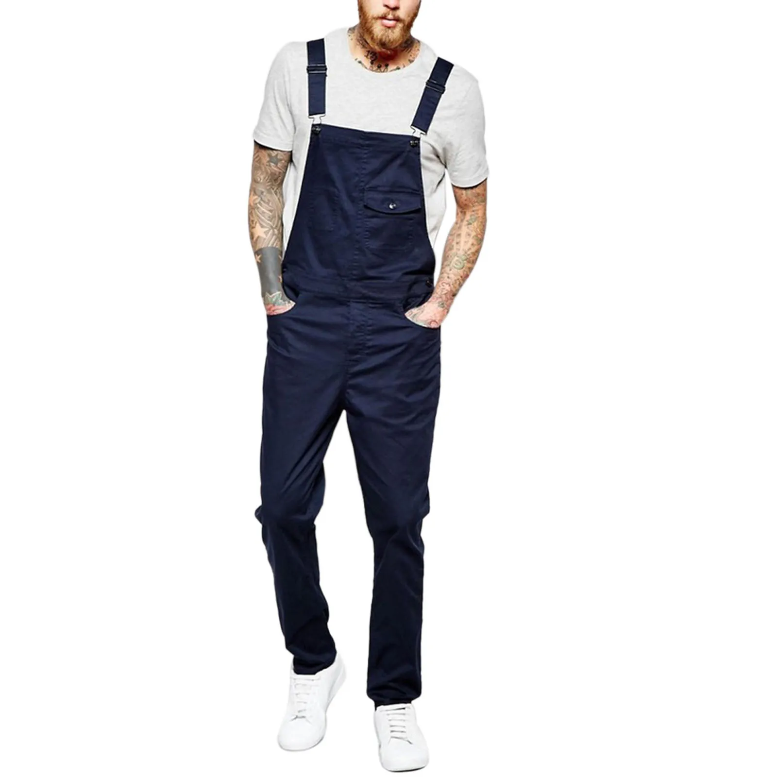 

Men Solid Color Suspender Pants with Multi-pockets Loose Fit Button Closure Middle Waist Jumpsuit