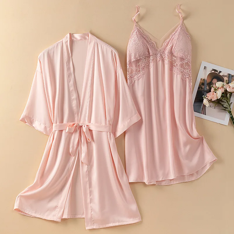 

Bride Bridesmaid Wedding Robe Sexy Pacthwork Lace Nightdress Women Summer Satin Kimono Bathrobe Gown 2PCS SleepLoose Homewear