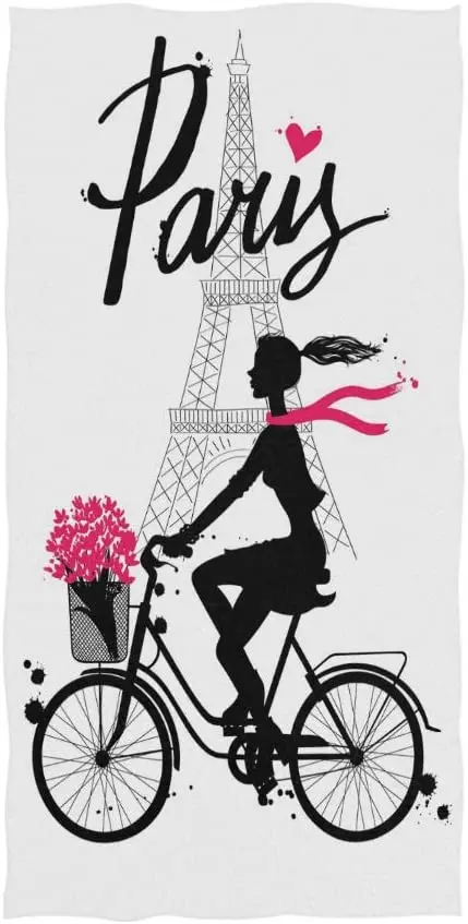 

Face Towel Paris Eiffel Tower Fashion Girl Bicycle Silhouette with Pink Heart Flower Soft Bath Towel Absorbent Hand Towels Multi