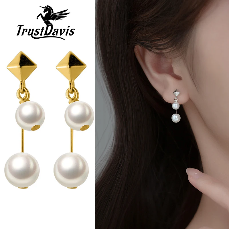 

TrustDavis Real 925 Sterling Silver Stud Earrings For Women Geometry Synthesis Pearl Dangle Earring Wedding Fine Jewelry DA2875