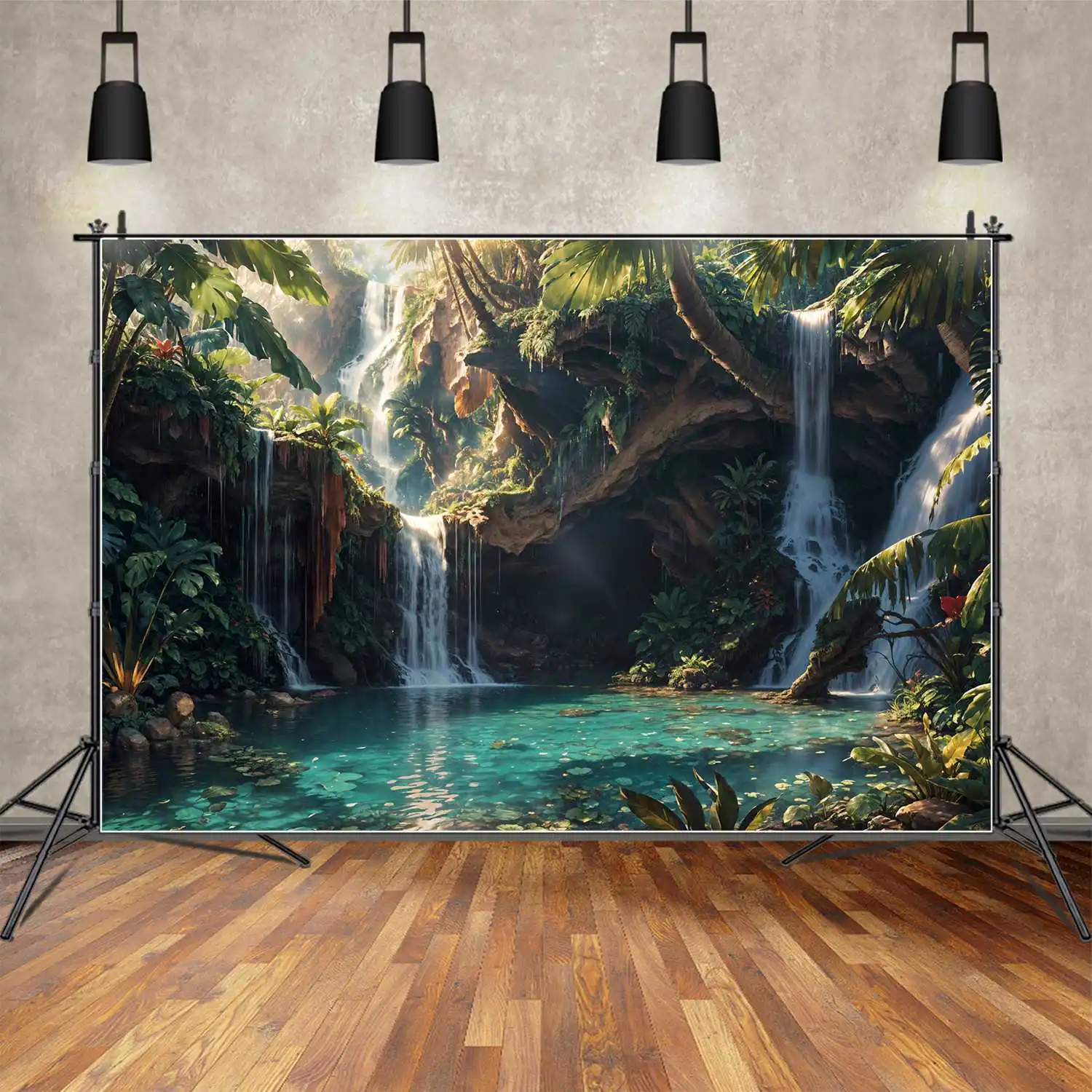 

Jungle Waterfall Lake Holiday Photography Backdrops Mountains Cliff Personalized Children Photobooth Photo Backgrounds Banners