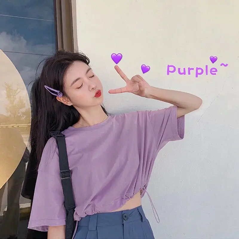 

Футболки женские с коротким рукавом, однотонные простые рубашки в Корейском стиле, кроп-топ в стиле Instagram с круглым вырезом, разноцветные ко...