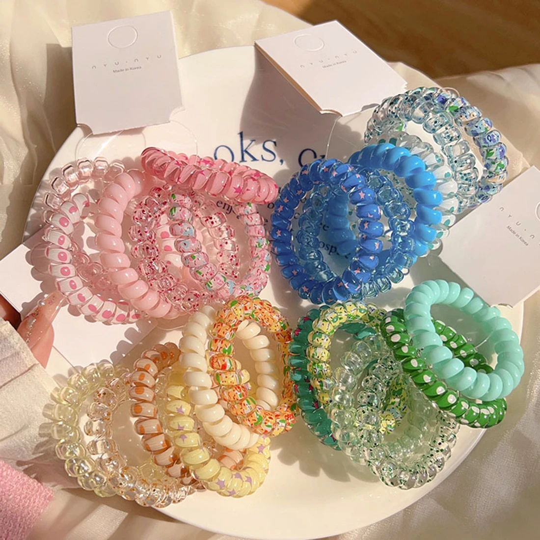 

Hair Ties Colorful Elastic Plastic Hair Band Rubber Telephone Cord Scrunchies Hair Accessories Headwear Wholesale 6Pcs/Set