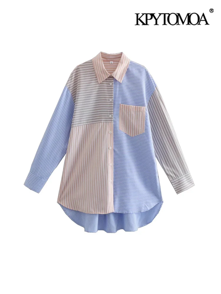 

KPYTOMOA Women Fashion Patch Pocket Patchwork Striped Oversized Shirts Vintage Long Sleeve Front Buttons Female Shirts Chic Tops