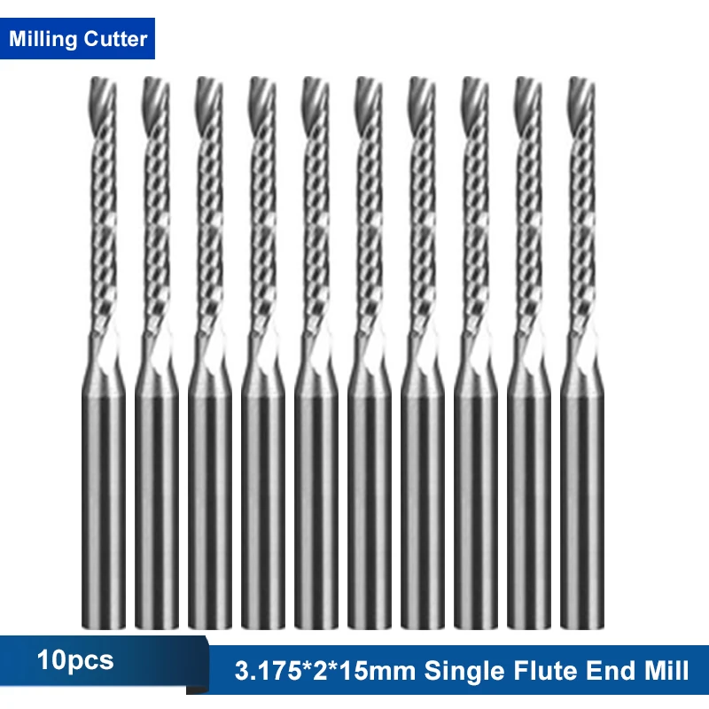 

10PCS 3.175mm shank single Spiral milling cutter 3.175*2*15mm Left Flute down cut tungsten carbide end mill CNC tools Router Bit