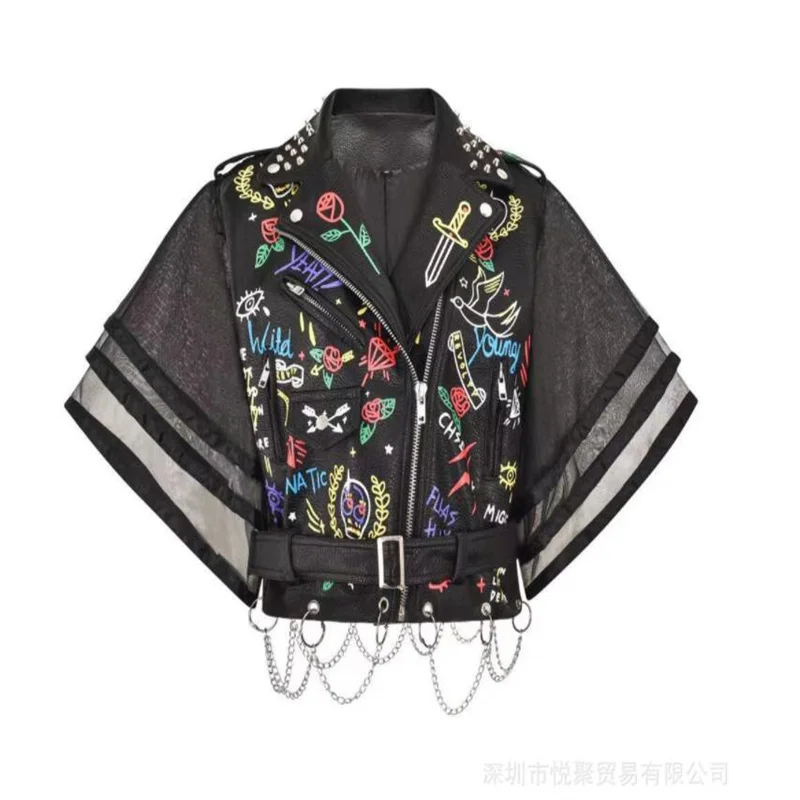 Leather jackets womens motorcycle clothes street heavy industry printing graffiti punk large  vest coats autumn winter