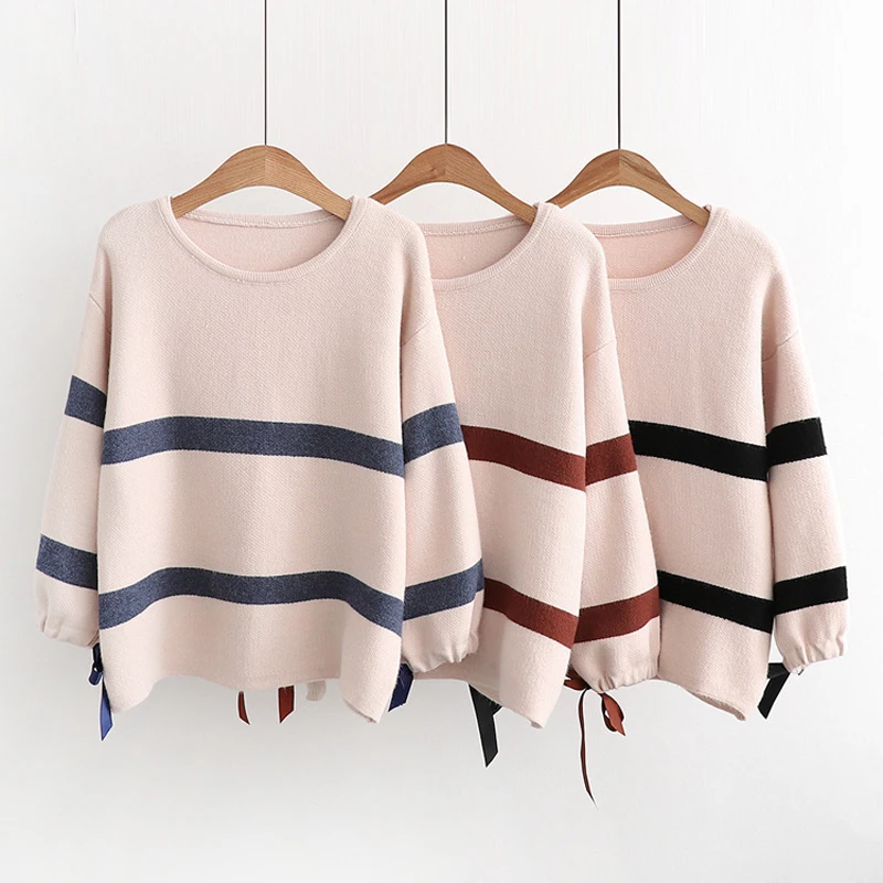 

Autumn/Winter 2021 Women's New Casual O-neck Pullover Sweater Lady Loose Fashion Knitwear Female Long Sleeve Stripe Thick Top