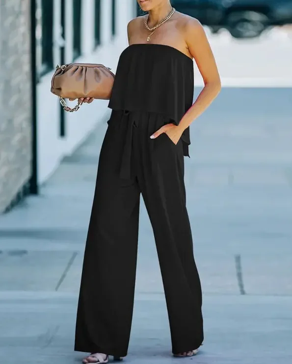 

Strapless Bandeau Pocket Design Ruffles Wide Leg Jumpsuit Sexy Sleeveless Bodysuit Elegant Daily Streetwear