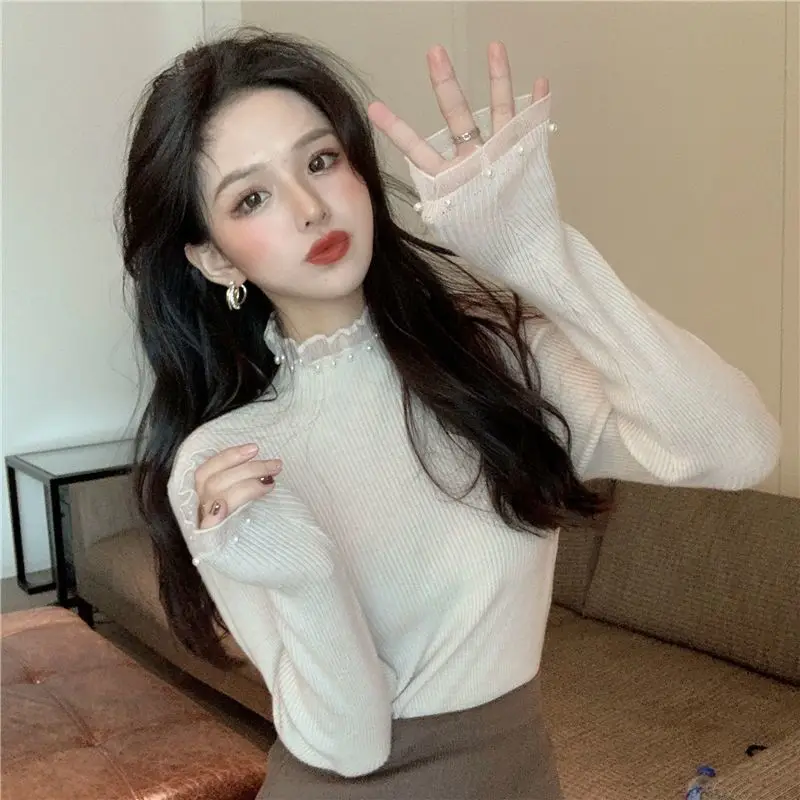 

Half High Collar Sweaters Women New Autumn Retro Solid Korean Style Fashion Long Sleeve Pullovers Casual Soft Simple Knitwear