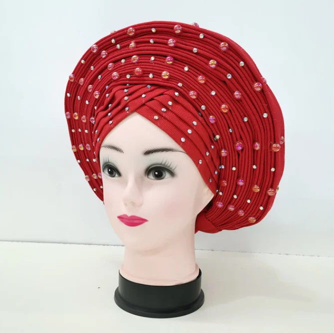 

Африканская модель с бусинами, уже изготовленная, авто Aso Oke Gele Headtie Asoebi, тюрбан, головная повязка, женская шляпа, автоматическая шапка для вечерние