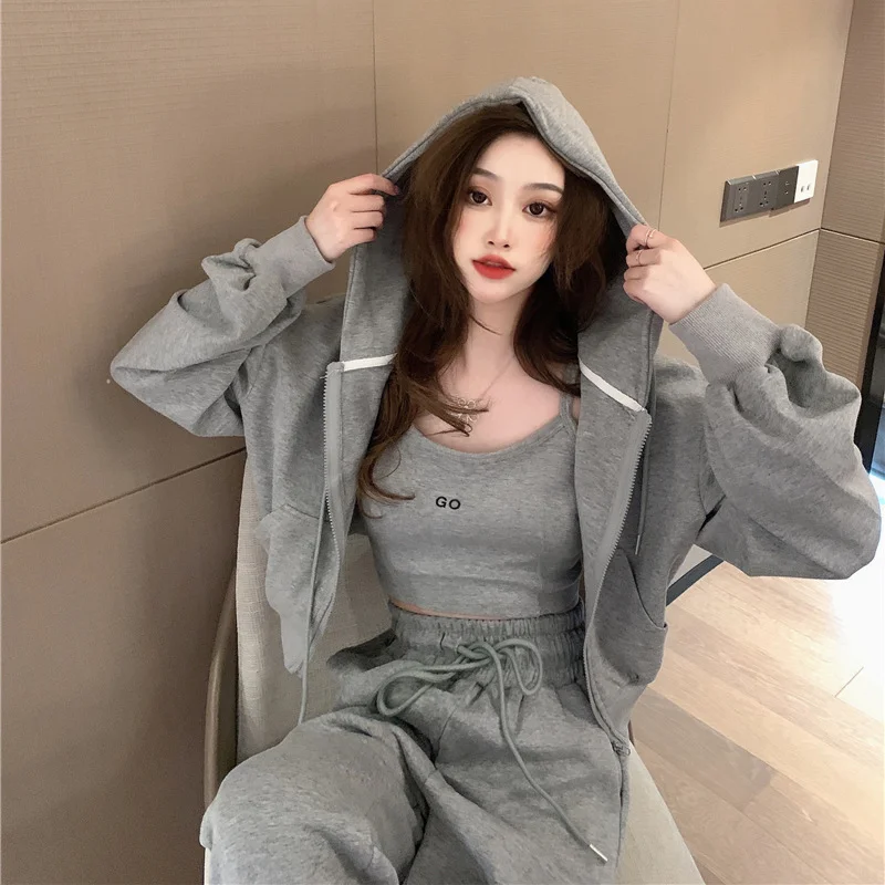

Casual Sports Suits Women Spring Autumn New Korean Loose Cardigan Hoodies Leggings Sweatpants And Suspenders Three-piece Sets