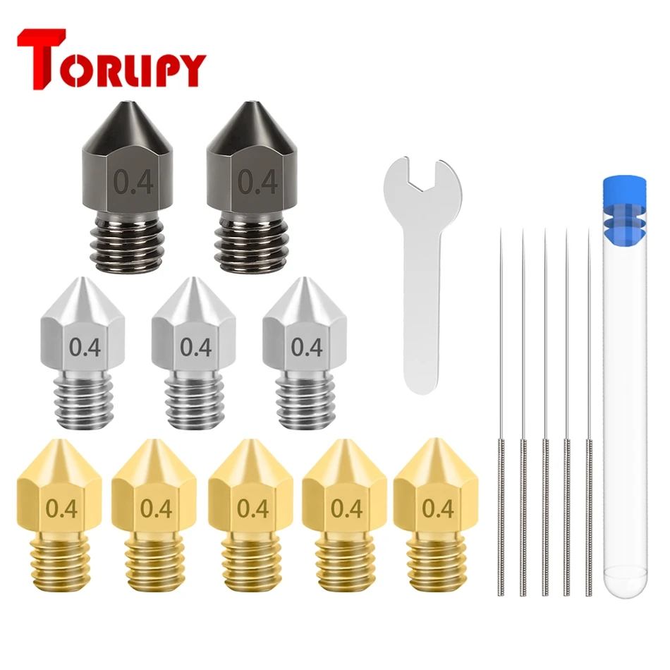 

Torlipy MK8 Nozzle Set Hardened Steel + Brass + Stainless Steel + Cleaning Needle Special Drill + Mini Spanner 3D Printer Tools