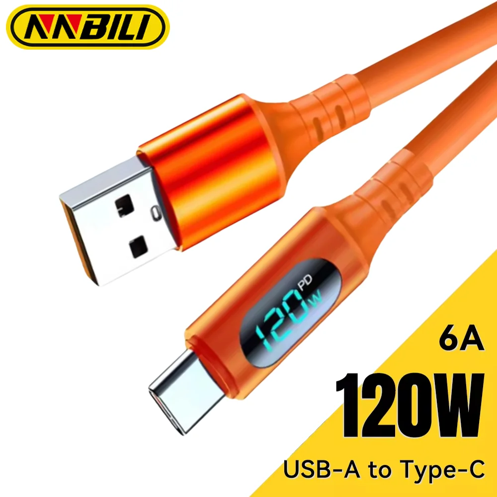 Фото NNBILI 120 Вт 6A Кабель для быстрой зарядки USB Type C для быстрой зарядки телефона Huawei P70 Samsung OnePlus Realme Кабели со светодиодным цифровым дисплеем №1