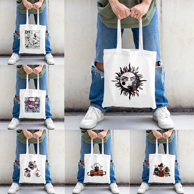 

14 Inch*16 Inch Double-sided Monster Printed White Canvas Tote Bag Suitable for Students' School Business Trips Daily Commuting