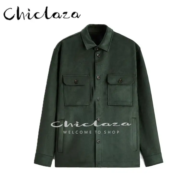 

CHICLAZA 2022 Autumn Men Fashion Casual Faux Suede Jacket Coat Male Solid Color Long Sleeves Simple Outwear Top