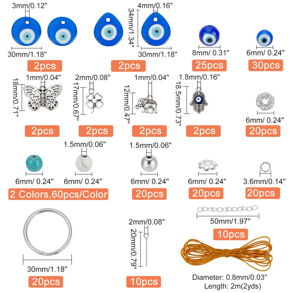 1Box DIY Evil Eye Keychain Making Kits Mixed Loose Spacer Beads Lampwork Pendants Iron Jewelry Accessories Nylon Thread Supplies