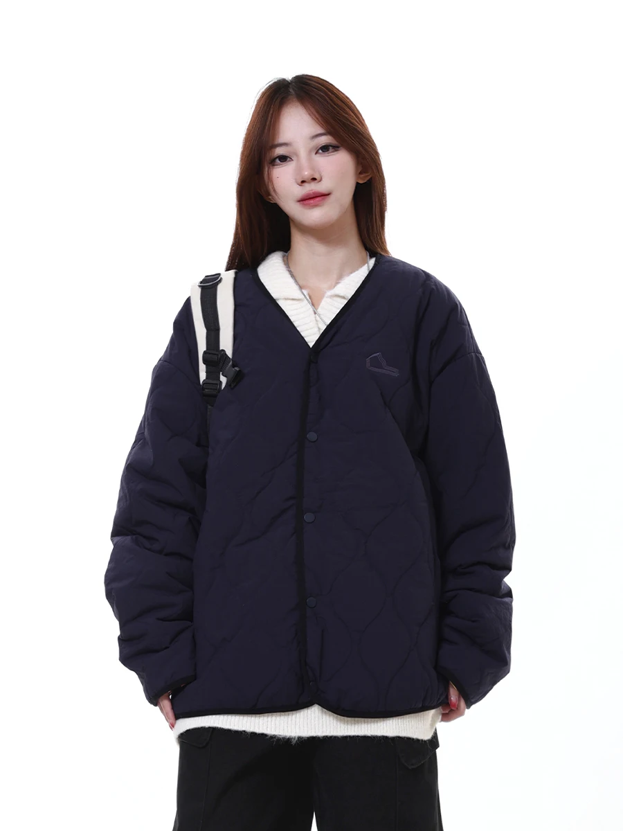 Arku American Sle Navy Blue Rhombus Quilted Warm Cotton-Padded Clothes for Women Winter Loose Design Collarless Cotto...