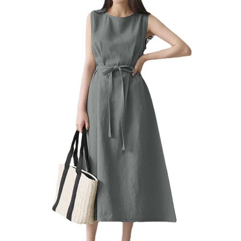 

Fashion Loose Dress 2023 Summer Women Clothing Bohemian Sleeveless Crew Neck Solid Color Cotton Hemp Belt Long Dresses for Women