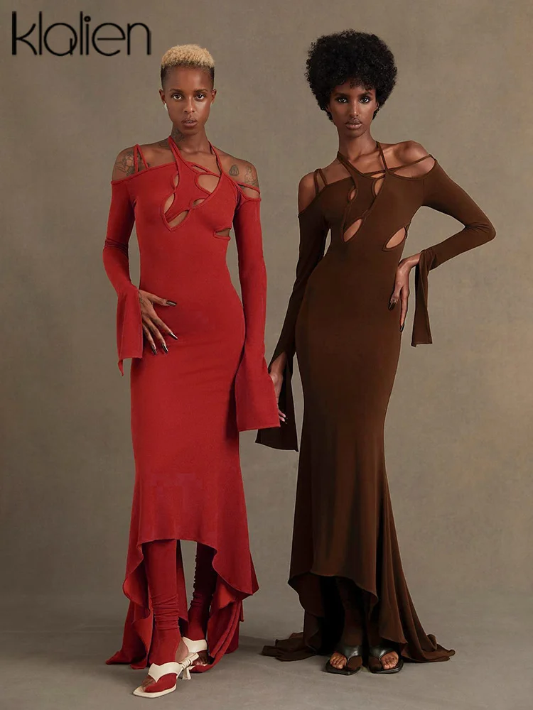 

KLALIEN Fashion Sexy Maxi Dress Women Autumn Simple Solid Slim Beach Vacation Night Party Long Dress Female Streetwear Y2K