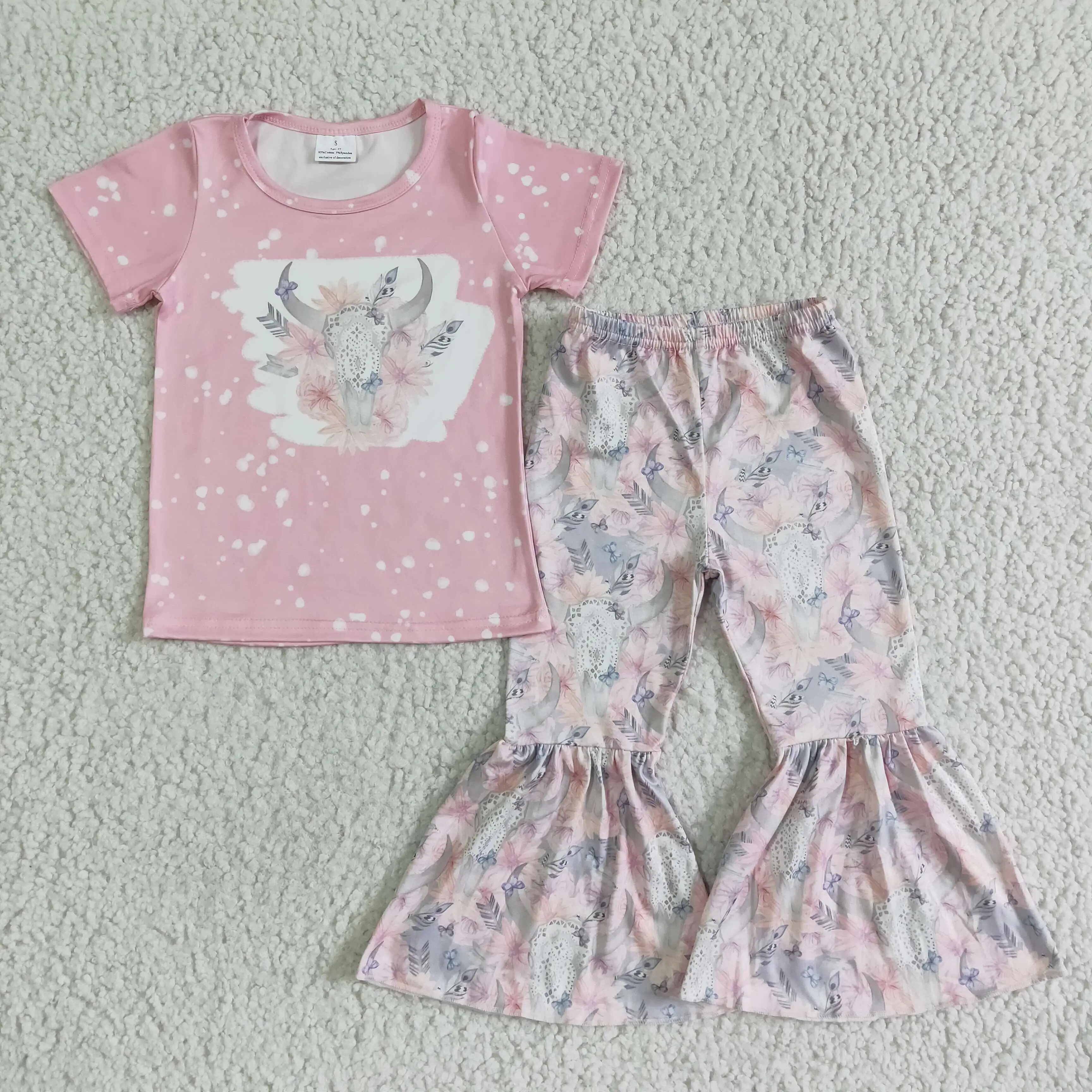 Pink tie-dye cow head girl top T-shirt flower with cow bell bottom trousers spring and summer children's clothing 2-piece set