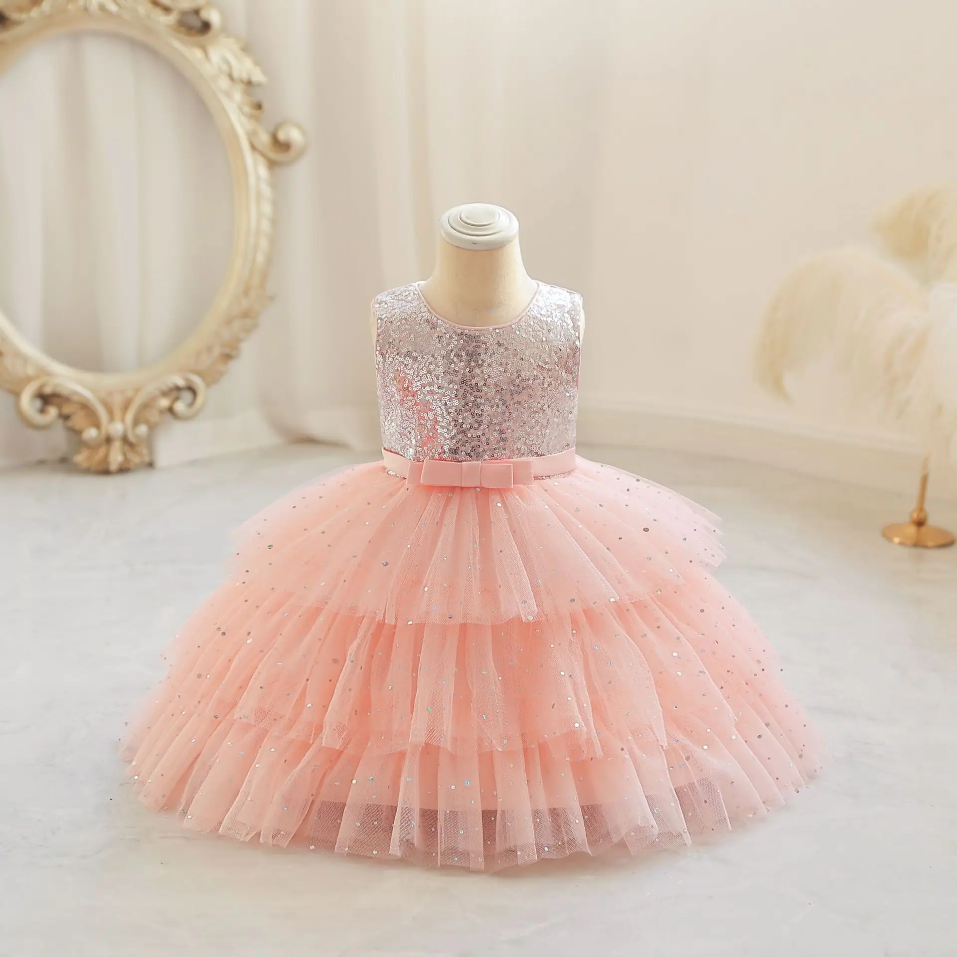 Girls Dress Silver Sequins Princess Tulle Layered Toddler One-Piece For Kids Birthday Party ropa bebe niña 아기의 드레스 0 12 18 24M images - 6