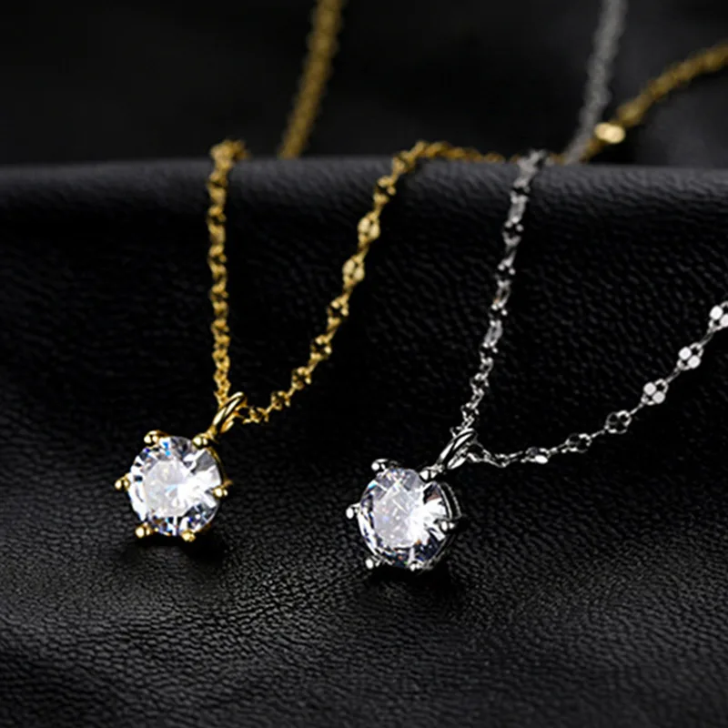 

925 Sterling Silver Single Round Diamond Necklace Jewelry Simple Shiny Zircon Pendant Feminine Clavicle Chain Party Jewelry