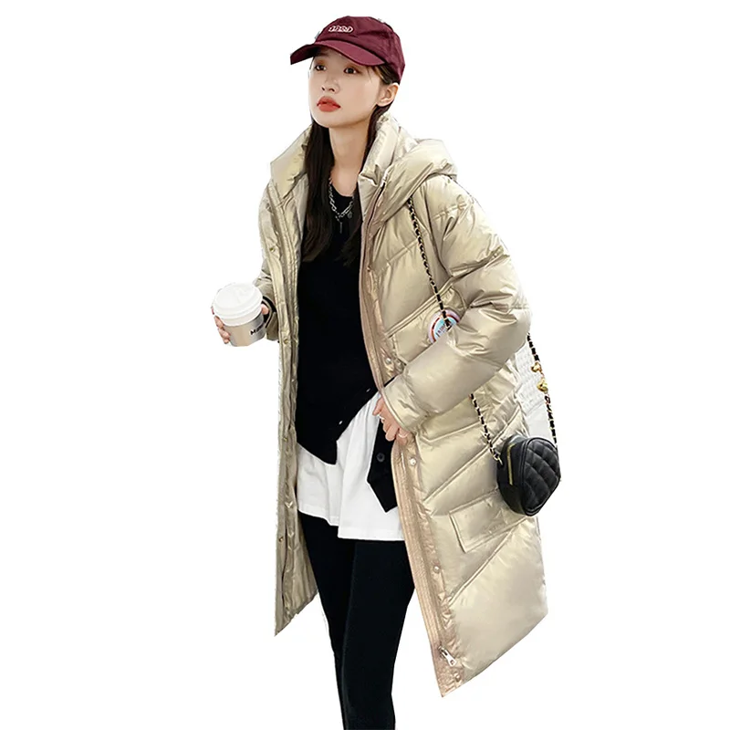 2022 New White Duck Down Jacket Women's Mid-Length Waist Thin Fashion Parks Loose Korean Version Shiny Thick Warm Coat Female