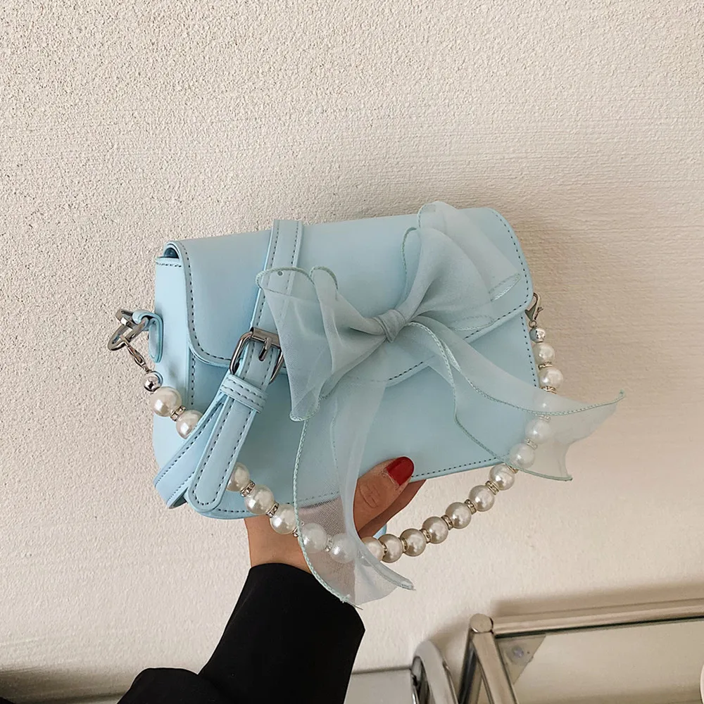 

Korean Style Bow Tie Pearl Chain Small Shoulder Crossbody Bags For Women 2022 Trend Fashion Brand Designer Sweet Girls Handbags