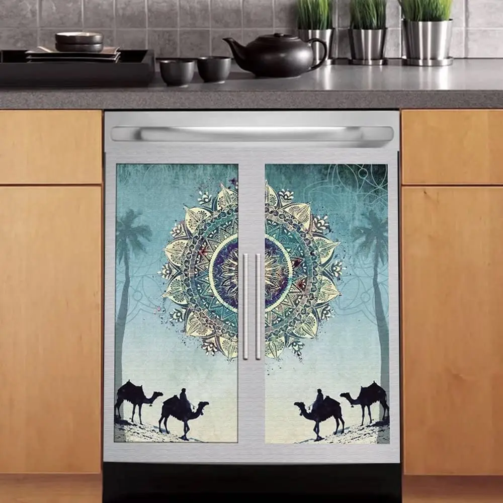 

Mandala Flower Window Dishwasher Sticker Cover,Camel Sticker Dishwasher Funny Cover,Boho Mandala Floral Fridge Sticker Re