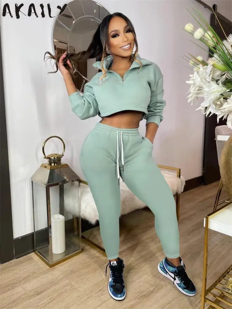 

Осенний утепленный спортивный костюм Akaily из 2 предметов, женский спортивный костюм с топом с длинным рукавом и брюками от пота 2022
