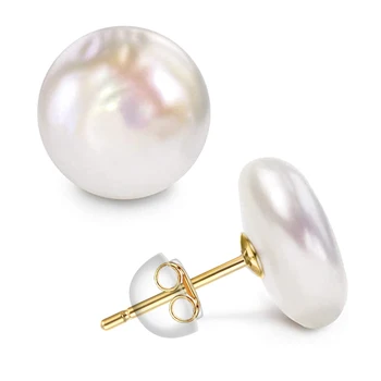 Women Big Baroque Button Pearl Earrings Freshwater Cultured Biwa Coin Pearls 925 Sterling Silver Mounts Stud Earrings Jewelry