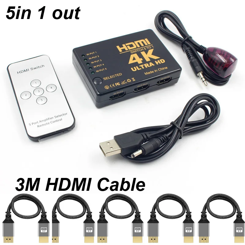 

4K 3D HD HDMI Switch 1.4b Video Switcher Splitter 1080P Adapter 5 in 1 out Port Hub Infrared Receiving IR Remote Control 3M H