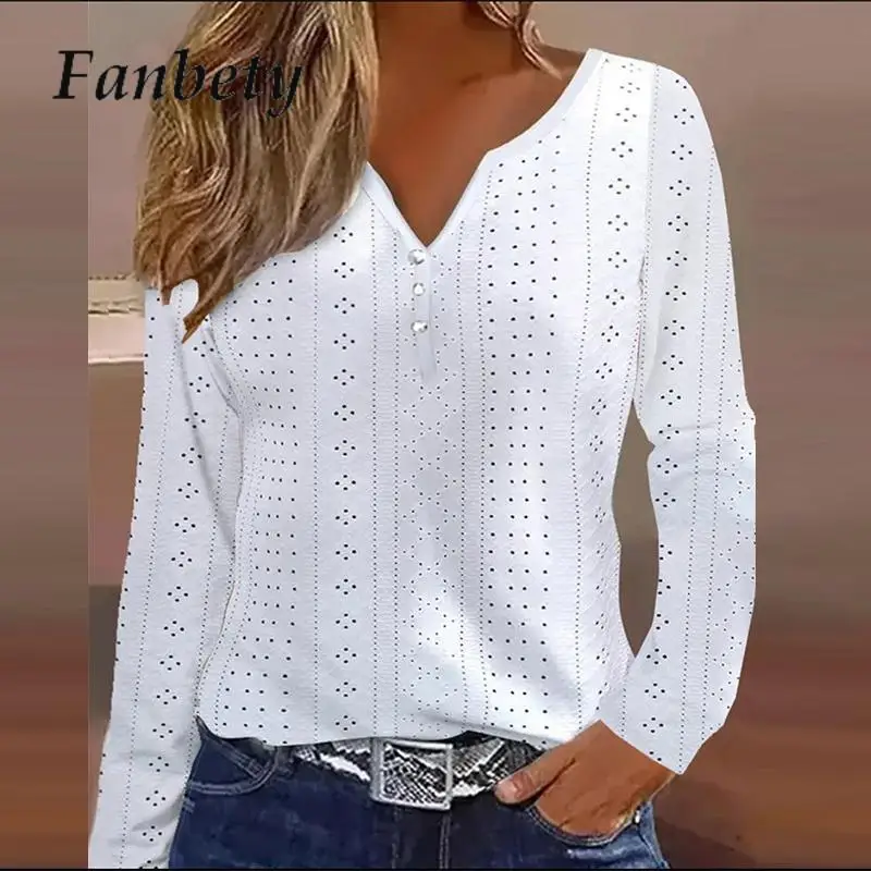 

Elegant White Blouse For Women 2023 Vintage Autumn Hollow V-neck Shirts and Blouses Female Solid Long Sleeve Commuter Shirts