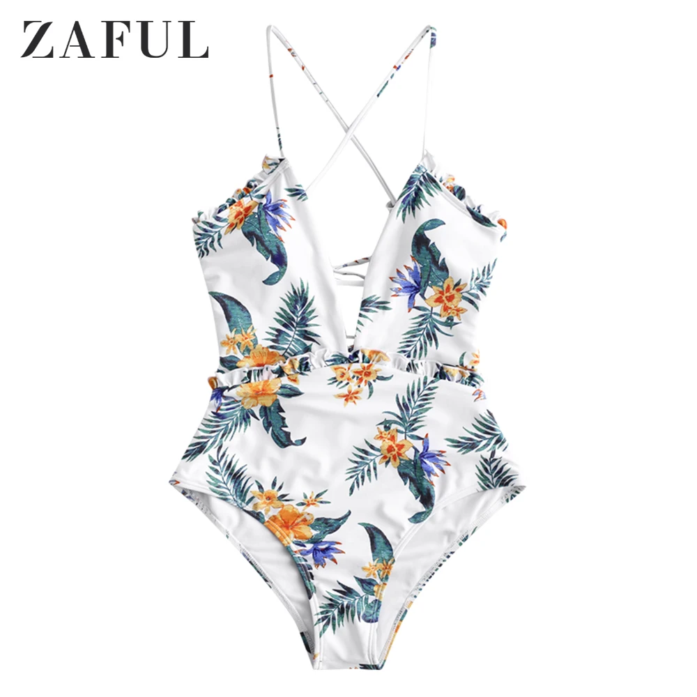 

Zaful Lace-Up Flower Frilled Swimsuit High Waisted Swimsuit One Piece Swimsuit Lace Up Criss Cross Tropical Bodysuit Beachwear