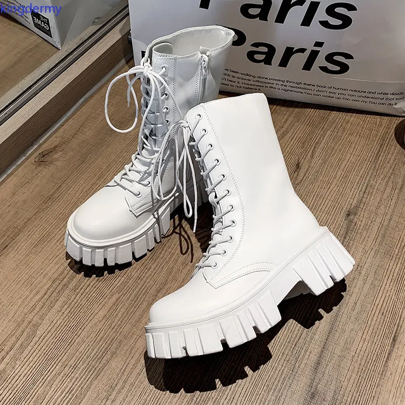 

White PU Leather Ankle Boots for Women Lace Up Chunky Shoes Woman Platform Motorcycle Boot Autumn Winter Womens Shoe