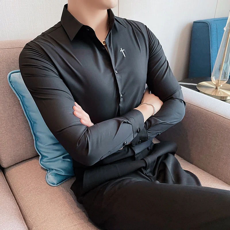 Classic Solid Color Men's Shirts Autumn Long Sleeve Slim Business Casual Dress Formal Shirt Social Party Street Male Clothing