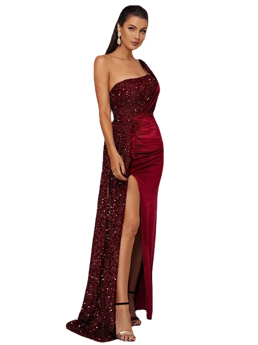

Party Dress 2022 Fashion Women Sequins Party Sexy One Shoulder Ruffles Evening Maxi Side Split Backless Long Red Dress
