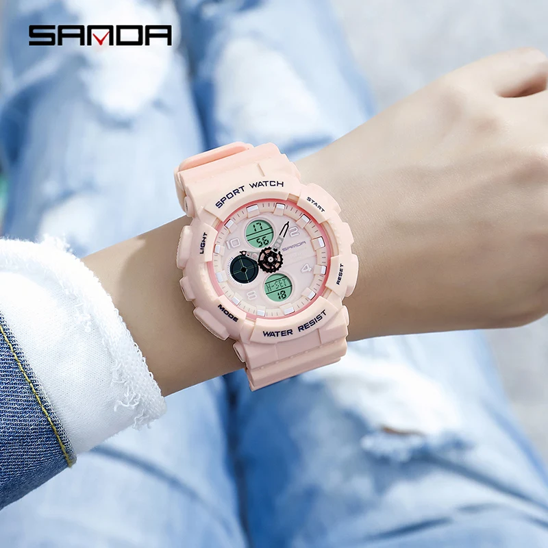 Enlarge SANDA 2023 New Womens Watches Trendy Cherry Blossom Pink Rubber Strap HD Luminous Dual Display Watch 50M Waterproof Reloj Mujer