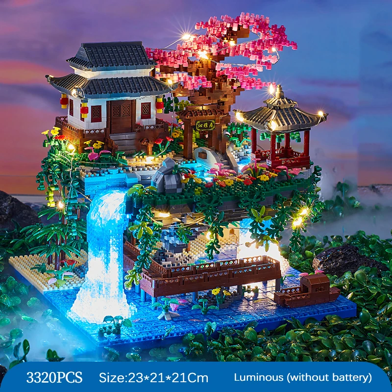 

Peach Pond House 16260 Architecture Pavilion Building Blocks Waterfall River LED Light DIY Education Bricks Toy Gifts for Kids
