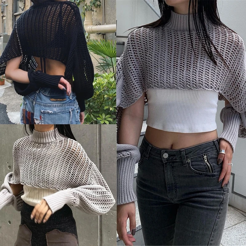 

896E Women's Knit Tops Fashion Hollow out Jumper Solid Half Turtleneck Crop Pullovers Chic Lantern Sleeves Smock Cover Ups