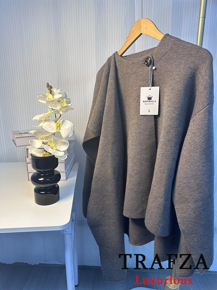 Женское трикотажное пальто с круглым вырезом и длинным рукавом